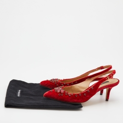 Pre Owned Dolce & Gabbana Red Velvet Crystal Embellished Pointed Toe Slingback Pumps Size 38
