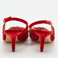 Pre Owned Dolce & Gabbana Red Velvet Crystal Embellished Pointed Toe Slingback Pumps Size 38