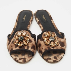 Pre Owned Dolce & Gabbana Brown Leopard Print Canvas Crystal Embellished Flat Slides Size 40.5