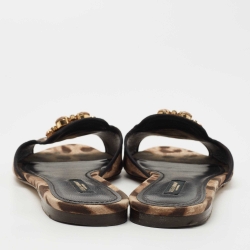 Pre Owned Dolce & Gabbana Brown Leopard Print Canvas Crystal Embellished Flat Slides Size 40.5