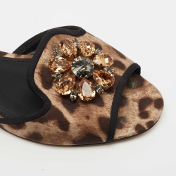 Pre Owned Dolce & Gabbana Brown Leopard Print Canvas Crystal Embellished Flat Slides Size 40.5