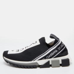 Pre Owned Dolce & Gabbana Black/White Knit Fabric Sorrento Slip On Sneakers Size 38