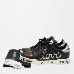 Pre Owned Dolce & Gabbana Black Leather Portofino Love Patch Low Top Sneakers Size 40
