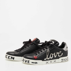 Pre Owned Dolce & Gabbana Black Leather Portofino Love Patch Low Top Sneakers Size 40