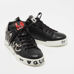 Pre Owned Dolce & Gabbana Black Leather Portofino Love Patch Low Top Sneakers Size 40