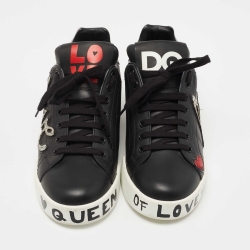 Pre Owned Dolce & Gabbana Black Leather Portofino Love Patch Low Top Sneakers Size 40