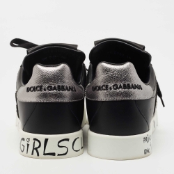 Pre Owned Dolce & Gabbana Black Leather Portofino Love Patch Low Top Sneakers Size 40