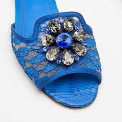 Pre Owned Dolce & Gabbana Blue Lace Jeweled Embellishment Flat Slides Size 38.5