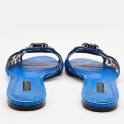 Pre Owned Dolce & Gabbana Blue Lace Jeweled Embellishment Flat Slides Size 38.5