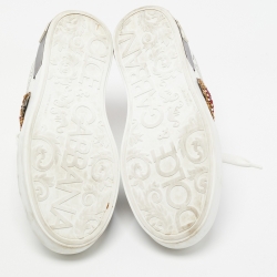 Pre Owned Dolce & Gabbana White Printed Leather Heart Embroidered Portofino Sneakers Size 40.5