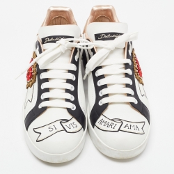 Pre Owned Dolce & Gabbana White Printed Leather Heart Embroidered Portofino Sneakers Size 40.5