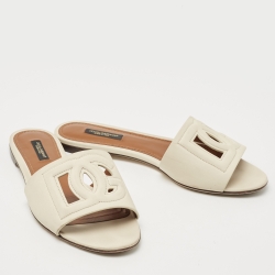 Pre Owned Dolce & Gabbana Beige Leather DG Millennials Flat Slides Size 38
