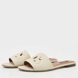 Pre Owned Dolce & Gabbana Beige Leather DG Millennials Flat Slides Size 38