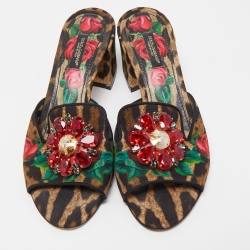 Dolce & Gabbana Multicolor Leopard/Floral Print Canvas Crystal Embellished Slide Sandals Size 37