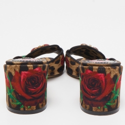 Dolce & Gabbana Multicolor Leopard/Floral Print Canvas Crystal Embellished Slide Sandals Size 37