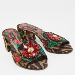 Dolce & Gabbana Multicolor Leopard/Floral Print Canvas Crystal Embellished Slide Sandals Size 37