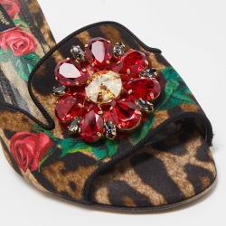 Dolce & Gabbana Multicolor Leopard/Floral Print Canvas Crystal Embellished Slide Sandals Size 37