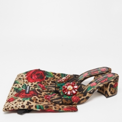 Dolce & Gabbana Multicolor Leopard/Floral Print Canvas Crystal Embellished Slide Sandals Size 37
