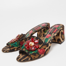 Dolce & Gabbana Multicolor Leopard/Floral Print Canvas Crystal Embellished Slide Sandals Size 37