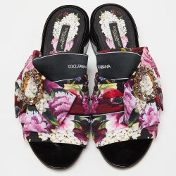 Dolce & Gabbana Multicolor Floral Print Fabric Embellished Slide Sandals Size 38