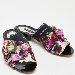 Dolce & Gabbana Multicolor Floral Print Fabric Embellished Slide Sandals Size 38