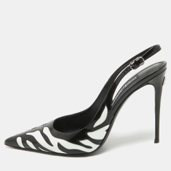 Pre Owned Dolce & Gabbana Black/White Patent Leather Pointed Toe Slingback Pumps Size 39.5