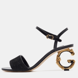 Pre Owned Dolce & Gabbana Black Leather and Lurex Keira DG Baroque Sandals Size 41