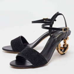 Pre Owned Dolce & Gabbana Black Leather and Lurex Keira DG Baroque Sandals Size 41