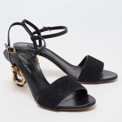 Pre Owned Dolce & Gabbana Black Leather and Lurex Keira DG Baroque Sandals Size 41
