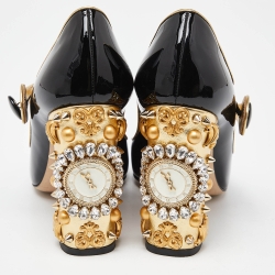 Pre Owned Dolce & Gabbana Black Patent Leather Crystal Embellished Block Heel Mary Jane Pumps Size 39