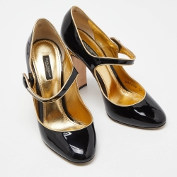 Pre Owned Dolce & Gabbana Black Patent Leather Crystal Embellished Block Heel Mary Jane Pumps Size 39