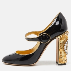 Pre Owned Dolce & Gabbana Black Patent Leather Crystal Embellished Block Heel Mary Jane Pumps Size 39