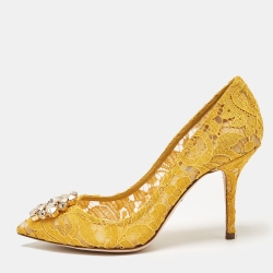 Pre Owned Dolce & Gabbana Yellow Lace and Mesh Bellucci Pumps Size 38