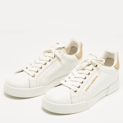 Pre Owned Dolce & Gabbana White Leather Pearl Embellished Portofino Sneakers Size 39