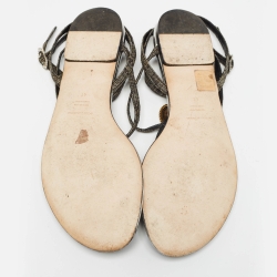 Pre Owned Dolce & Gabbana Grey/Black Raffia and Leather T Strap  Flat Sandals Size 41