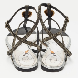 Pre Owned Dolce & Gabbana Grey/Black Raffia and Leather T Strap  Flat Sandals Size 41