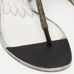 Pre Owned Dolce & Gabbana Grey/Black Raffia and Leather T Strap  Flat Sandals Size 41