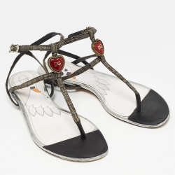 Pre Owned Dolce & Gabbana Grey/Black Raffia and Leather T Strap  Flat Sandals Size 41