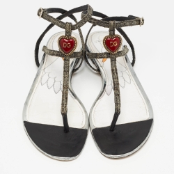 Pre Owned Dolce & Gabbana Grey/Black Raffia and Leather T Strap  Flat Sandals Size 41