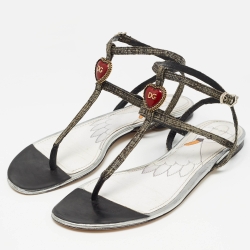 Pre Owned Dolce & Gabbana Grey/Black Raffia and Leather T Strap  Flat Sandals Size 41
