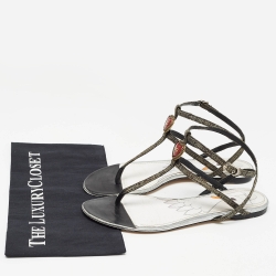 Pre Owned Dolce & Gabbana Grey/Black Raffia and Leather T Strap  Flat Sandals Size 41