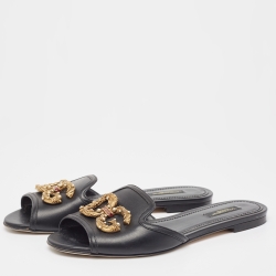 Pre Owned Dolce & Gabbana Black Leather DG Amore Flat Sandals Size 38