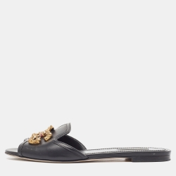 Pre Owned Dolce & Gabbana Black Leather DG Amore Flat Sandals Size 38