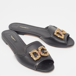 Pre Owned Dolce & Gabbana Black Leather DG Amore Flat Sandals Size 38