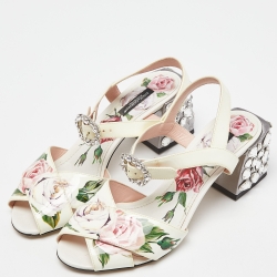 Pre Owned Dolce & Gabbana Multicolor Floral Print Patent Leather Block Heel Sandals Size 37.5
