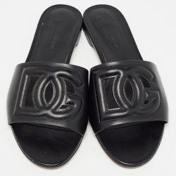 Pre Owned Dolce & Gabbana Black Leather DG Millennials Flat Slides Size 38