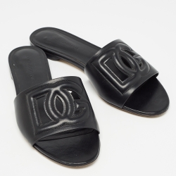 Pre Owned Dolce & Gabbana Black Leather DG Millennials Flat Slides Size 38