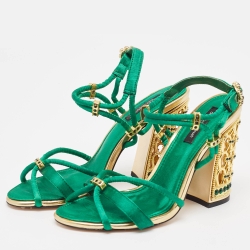 Dolce & Gabbana Green Satin Crystal Embellished Ankle Strap Sandals Size 38
