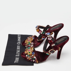 Pre Owned Dolce & Gabbana Burgundy Velvet Crystal Embellished Ankle Strap Sandals Size 41.5