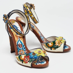 Dolce & Gabbana Multicolor Printed Patent Leather Embellished Ankle Wrap Sandals Size 38